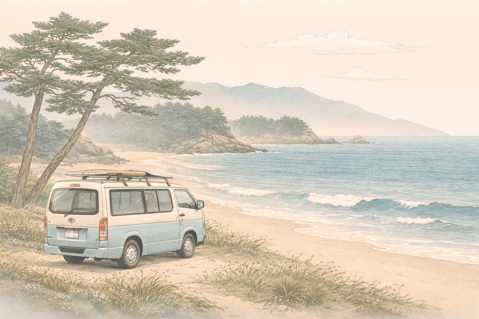 Camper van parked by the sea in Japan