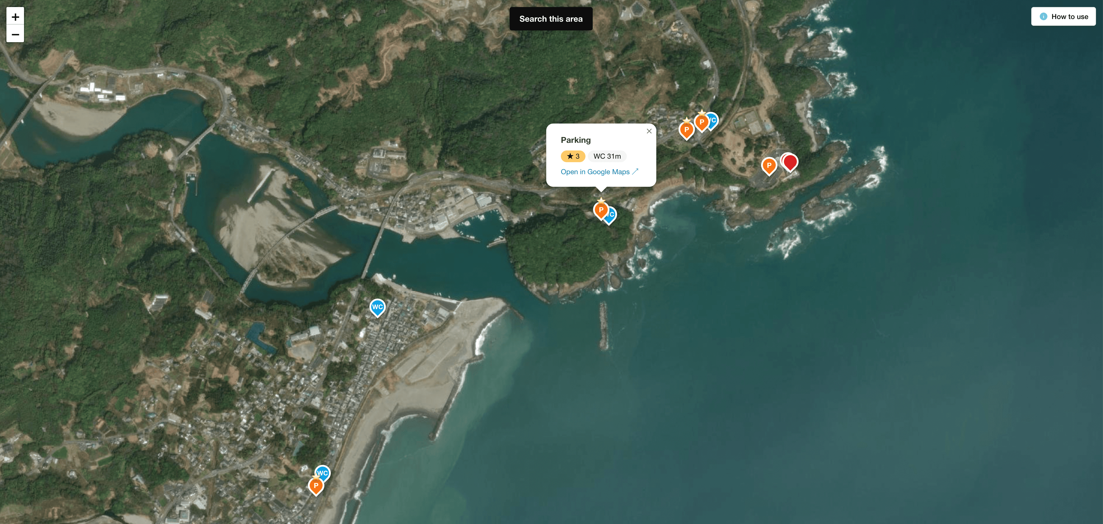 Spot Finder interface showing parking and toilet information