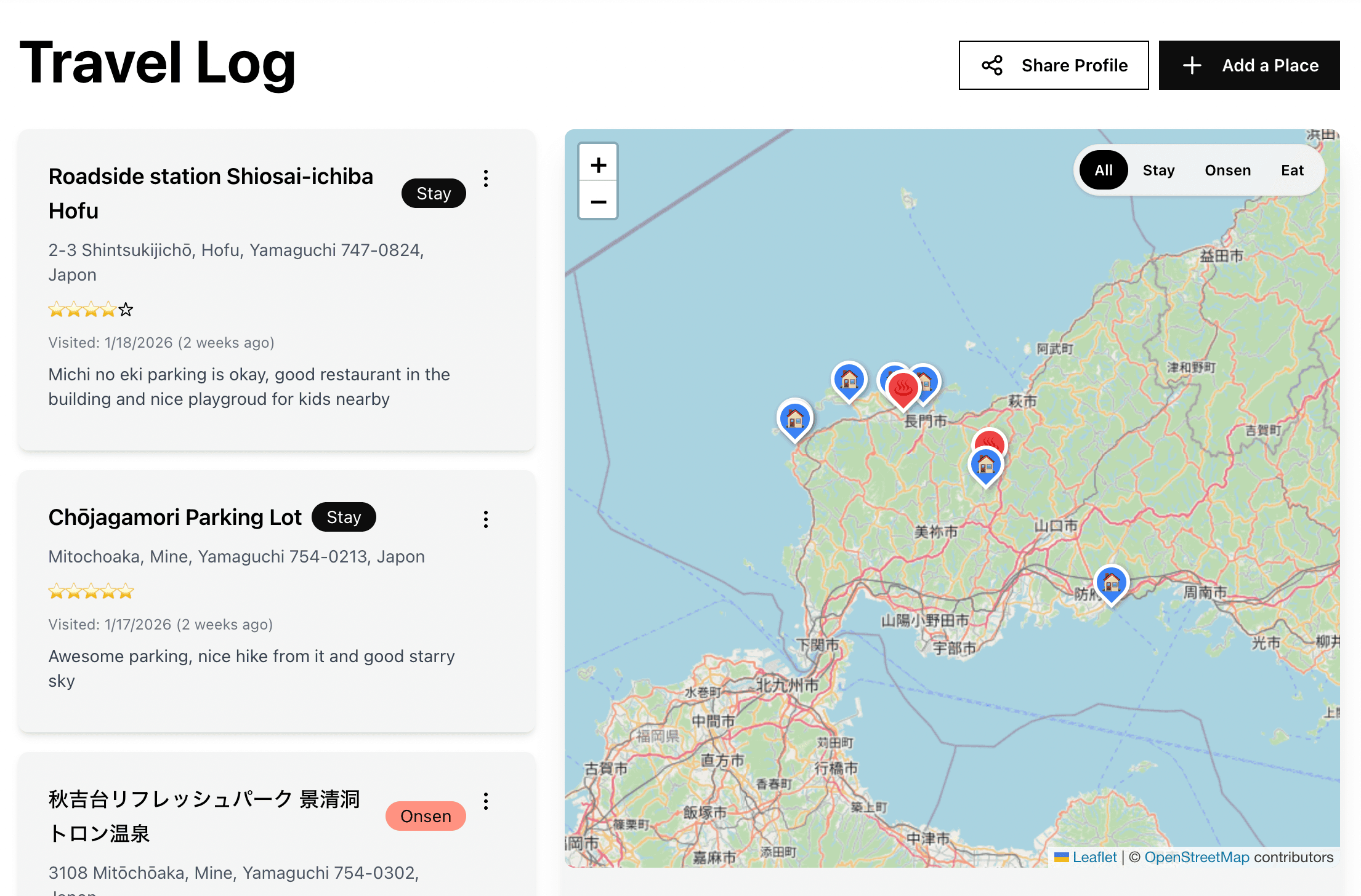 Travel log interface for saving places and photos