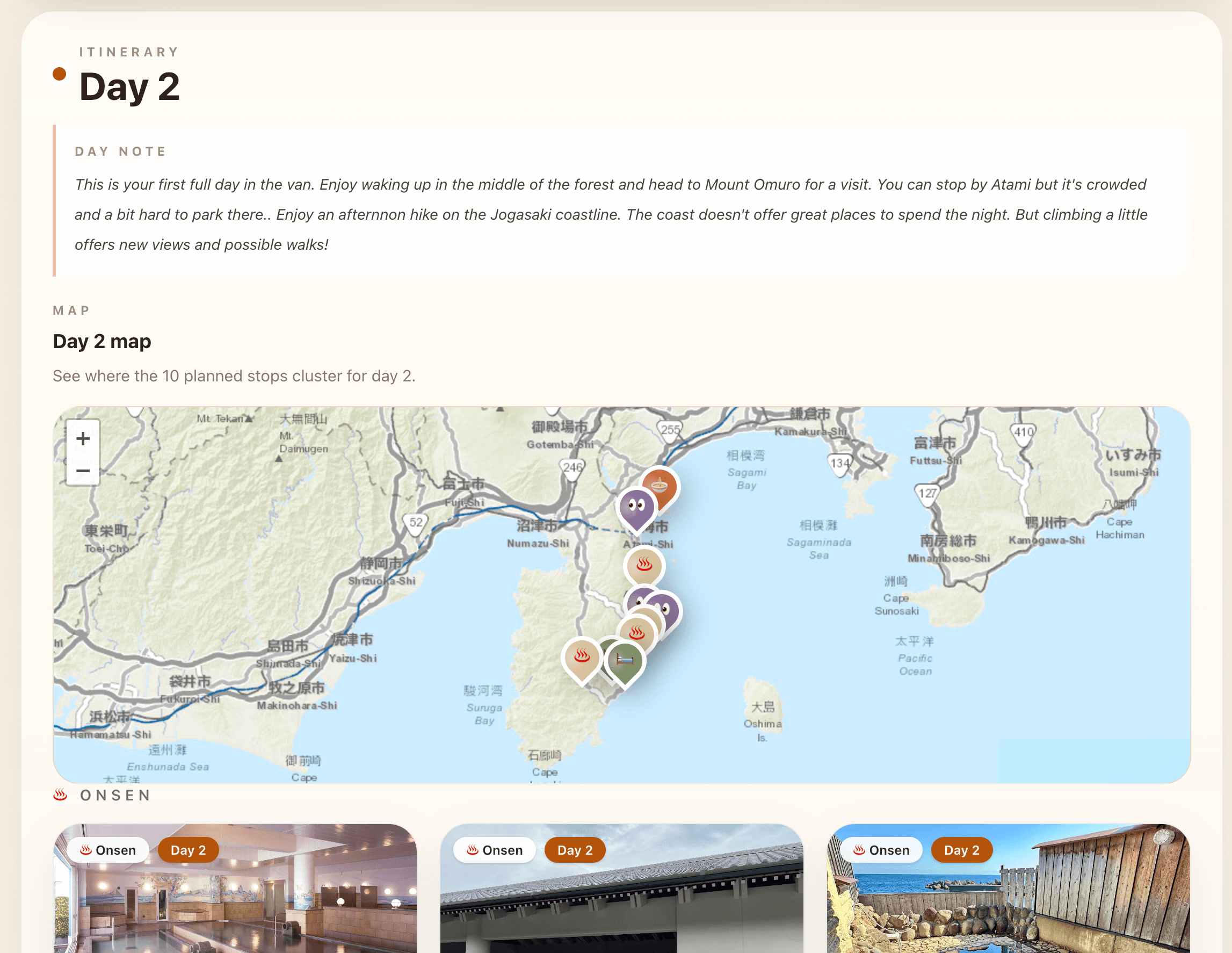 Travel plans interface showing a Japan campervan itinerary